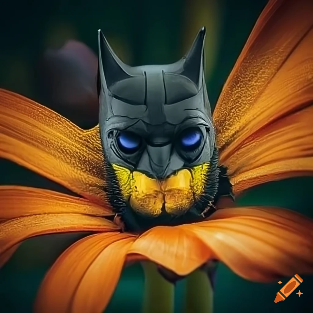 Macrophotography of insect with Batman design amongst flowers