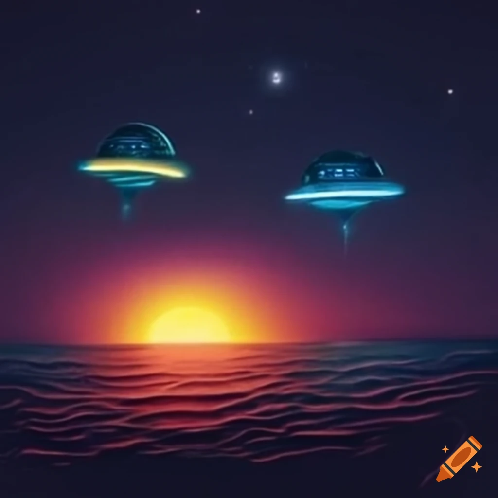 UFO hovering above dark waters with moonlight reflecting on the sea
