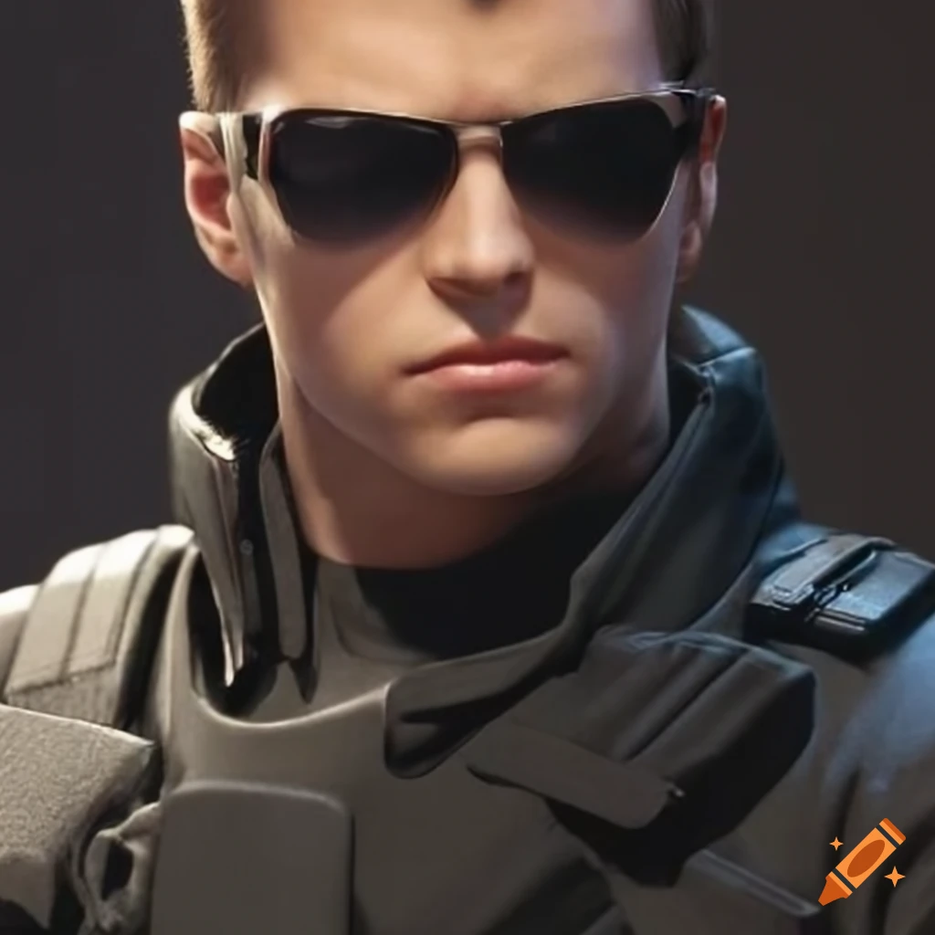 Portrait of young adult albert wesker with brunette hair and sunglasses ...