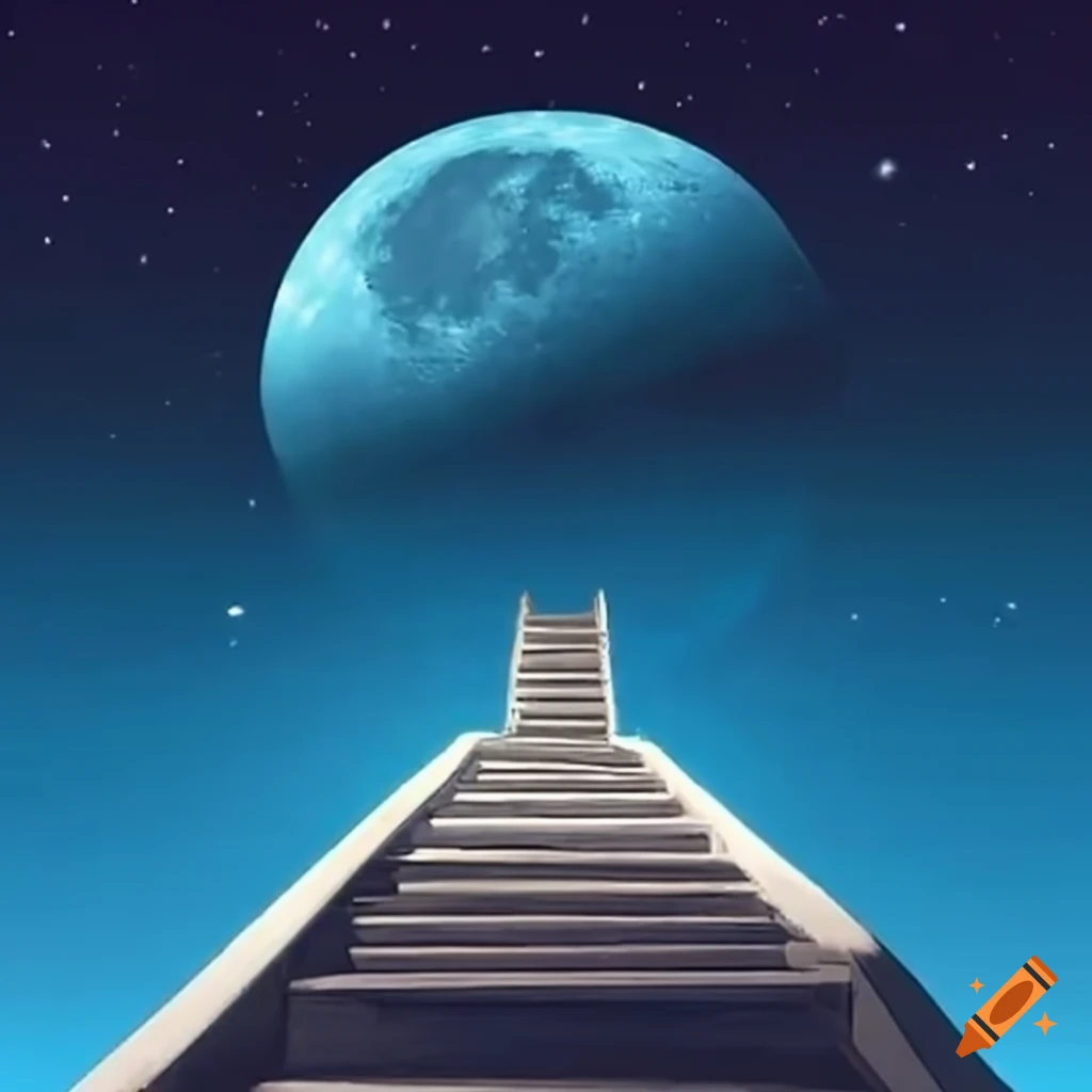 Optical illusion of a stairway reaching the moon in the sky