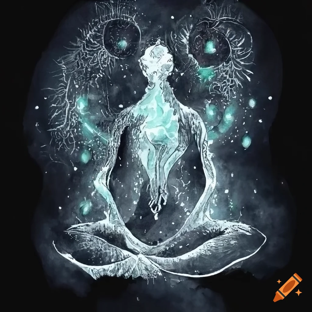 Surreal watercolor painting with glowing deity and dreamlike elements