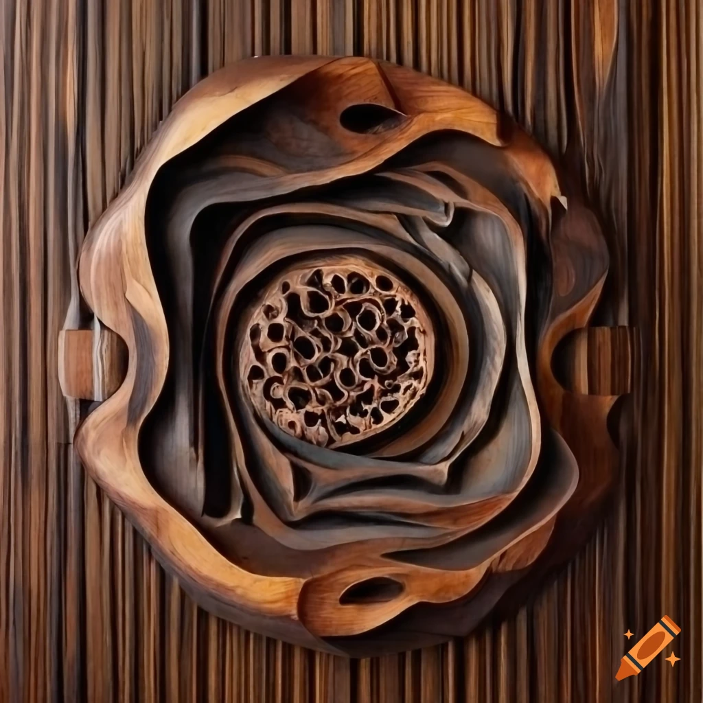 Intricate black walnut wall art with bold carvings and deep lines on ...