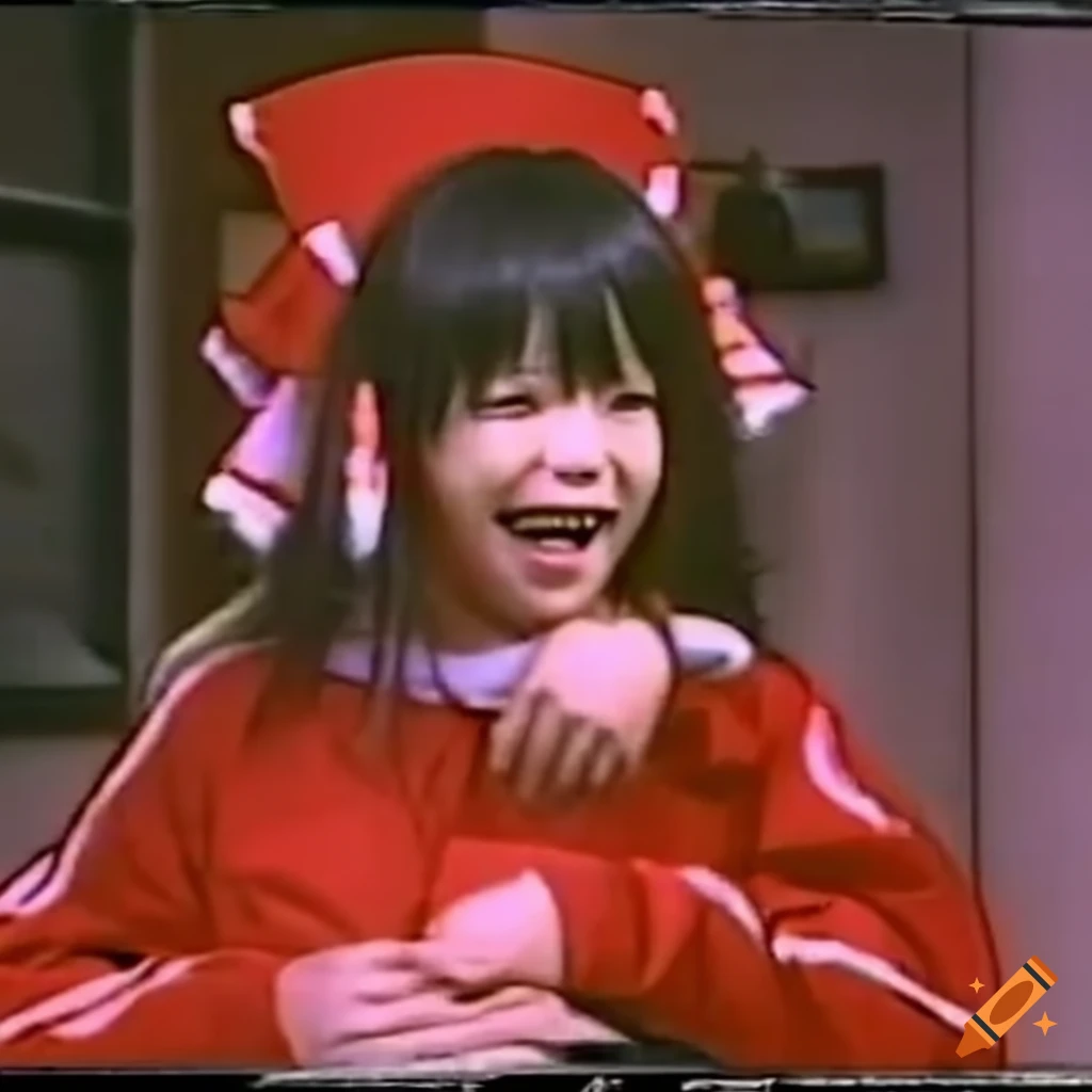 Reimu Hakurei in red tracksuit laughing at a guy in green monster suit from a sitcom