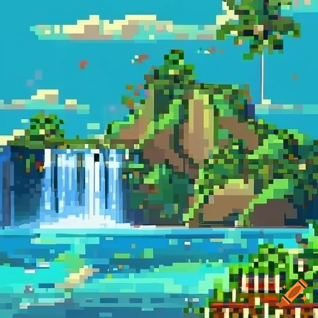 Hd pixel art of a tropical island with beaches, waterfalls, jungles ...