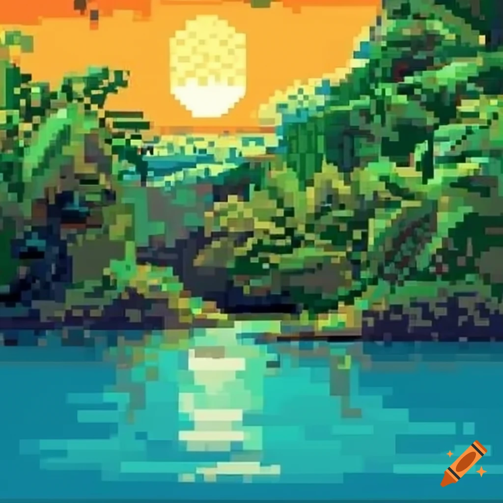High-definition pixel art of a tropical island with beaches, jungles, and sunsets