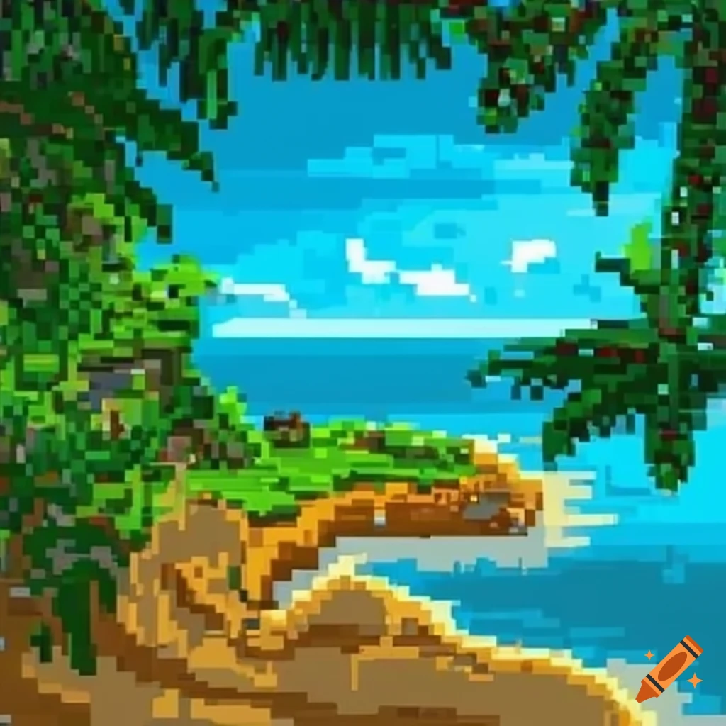 High-definition pixel art of a tropical island with beaches, jungles, and sunsets