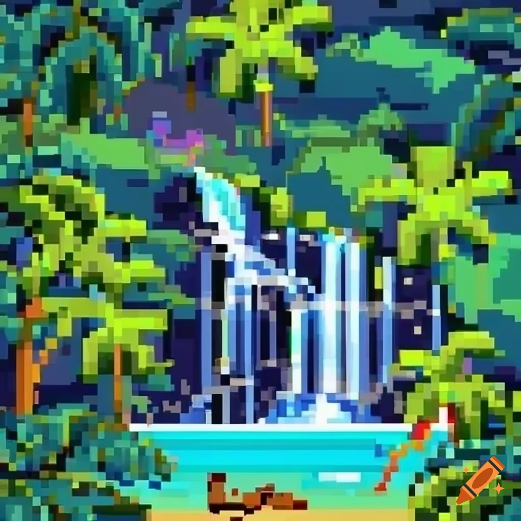 Hd pixel art of a tropical island with beaches, waterfalls, jungles ...