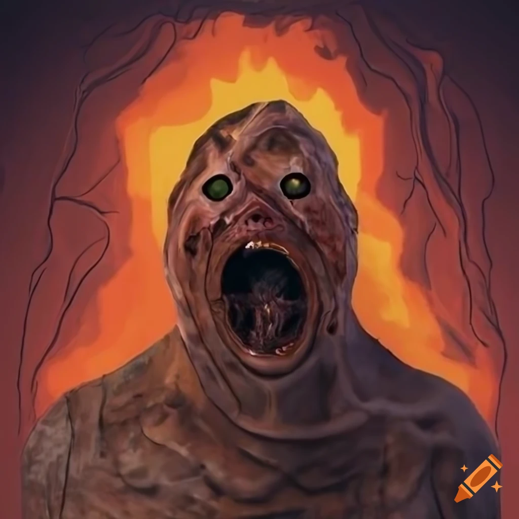 Brutalist Djinn made of smokeless fire on scorched earth with a distorted figure in anguished scream