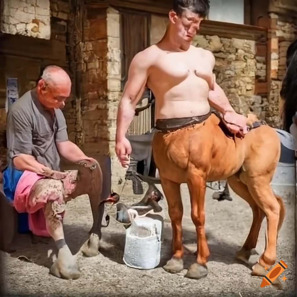 Centaur meeting a farrier in a Roman village market, discussing horseshoes