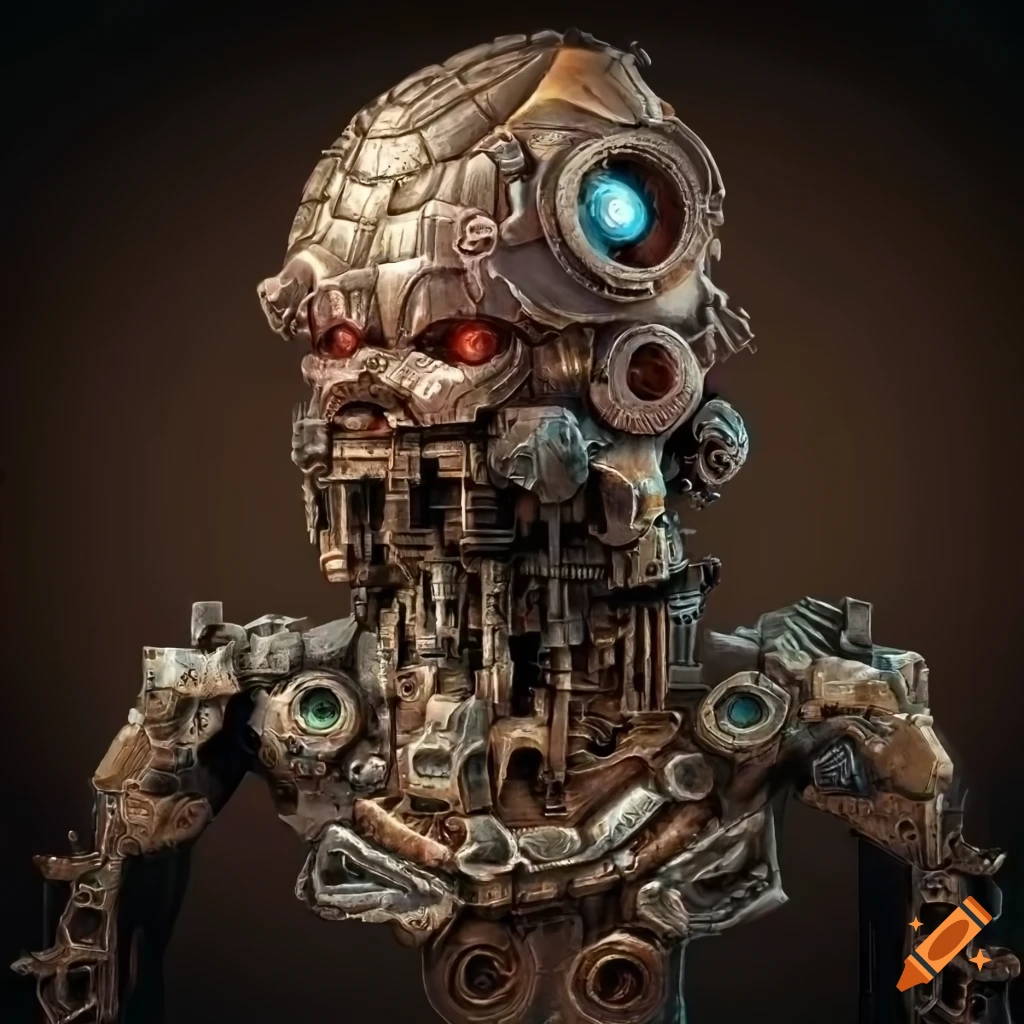 Steampunk Golem made from high end motherboards in biomechanical style