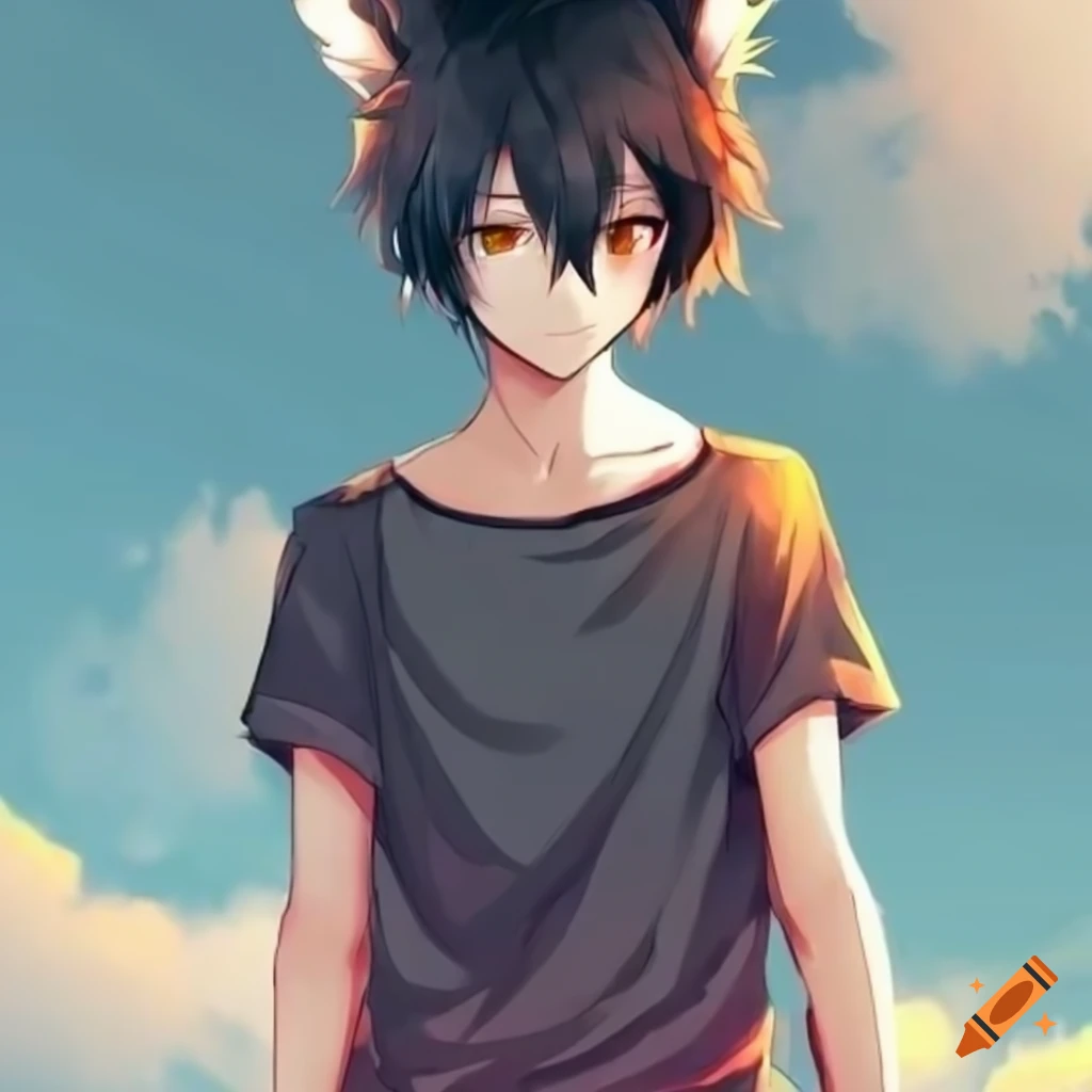 Anime boy with orange eyes, black wolf ears, and stylish attire