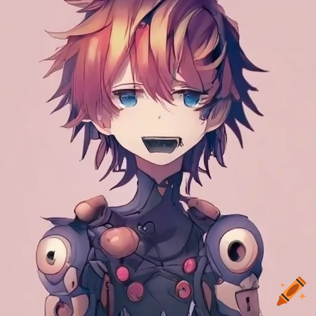 Anime cyborg boy with a kind and cute expression