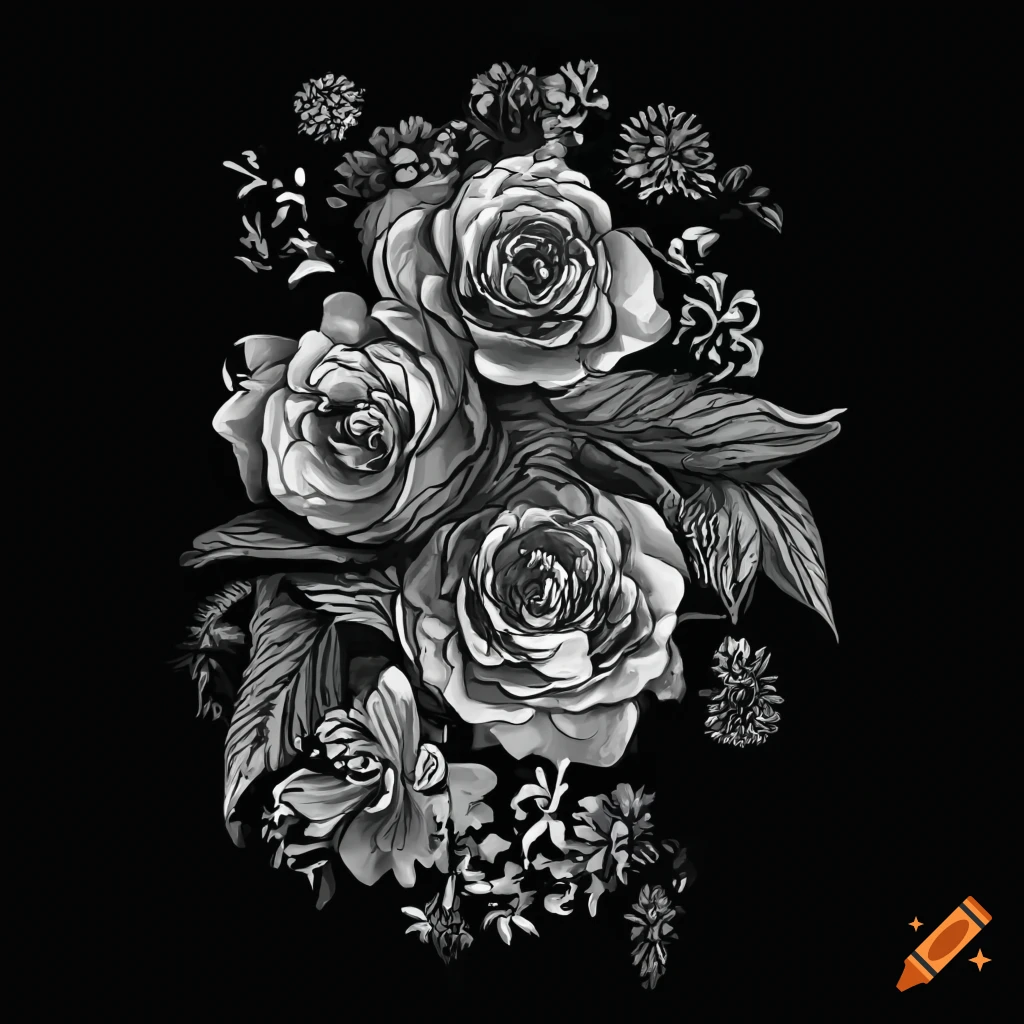 Outline drawing of intricate floral pattern on black background for paint by numbers