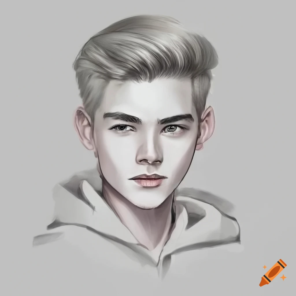 Portrait of a very handsome 19-year-old guy in a white hoodie with short blonde hair