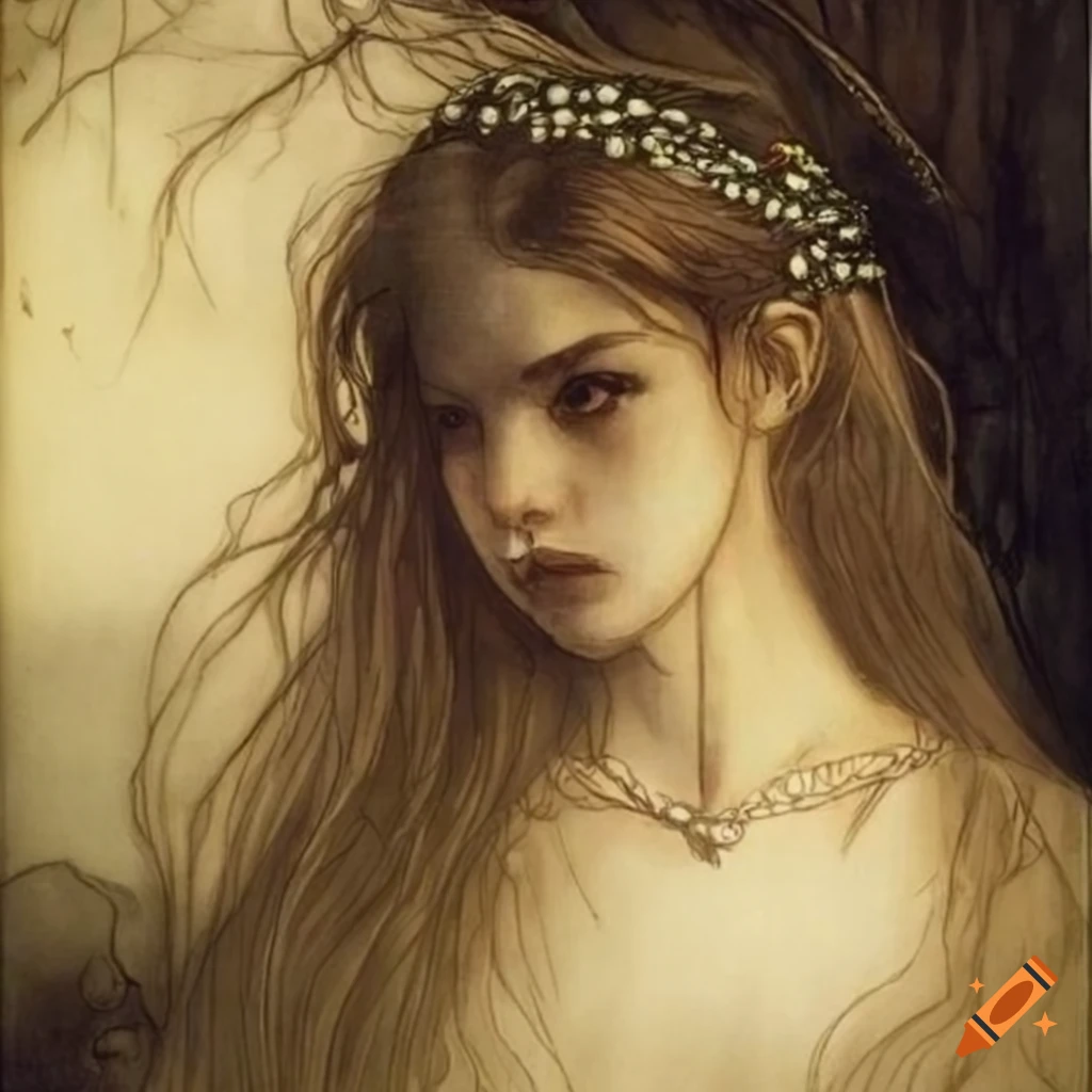 Portrait of Galadriel's daughter with a beaded snood at age 19
