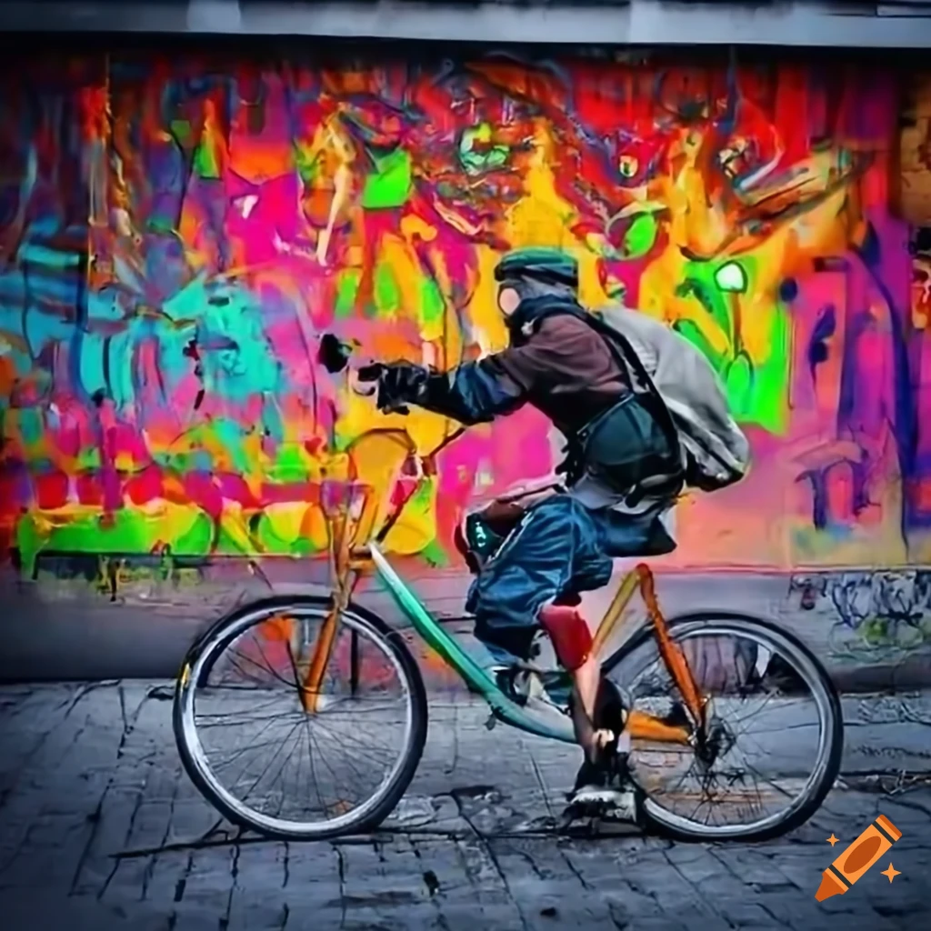 Rugged man cycling through urban graffiti in a thunderstorm