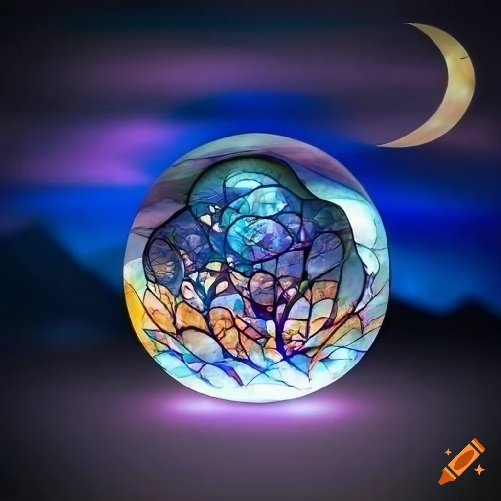 Glass stained window showing a crystal ball in moonlight