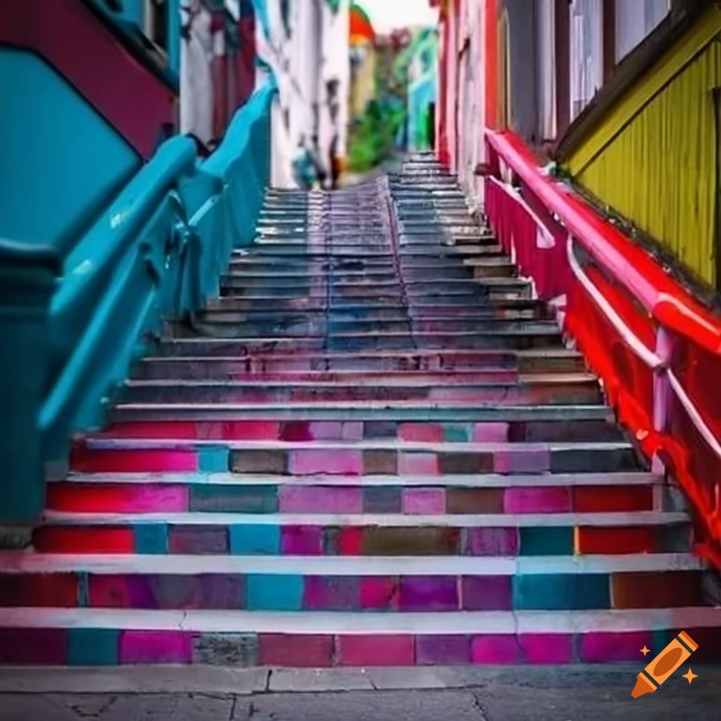 Colorful stairs in a hilly European cape city street