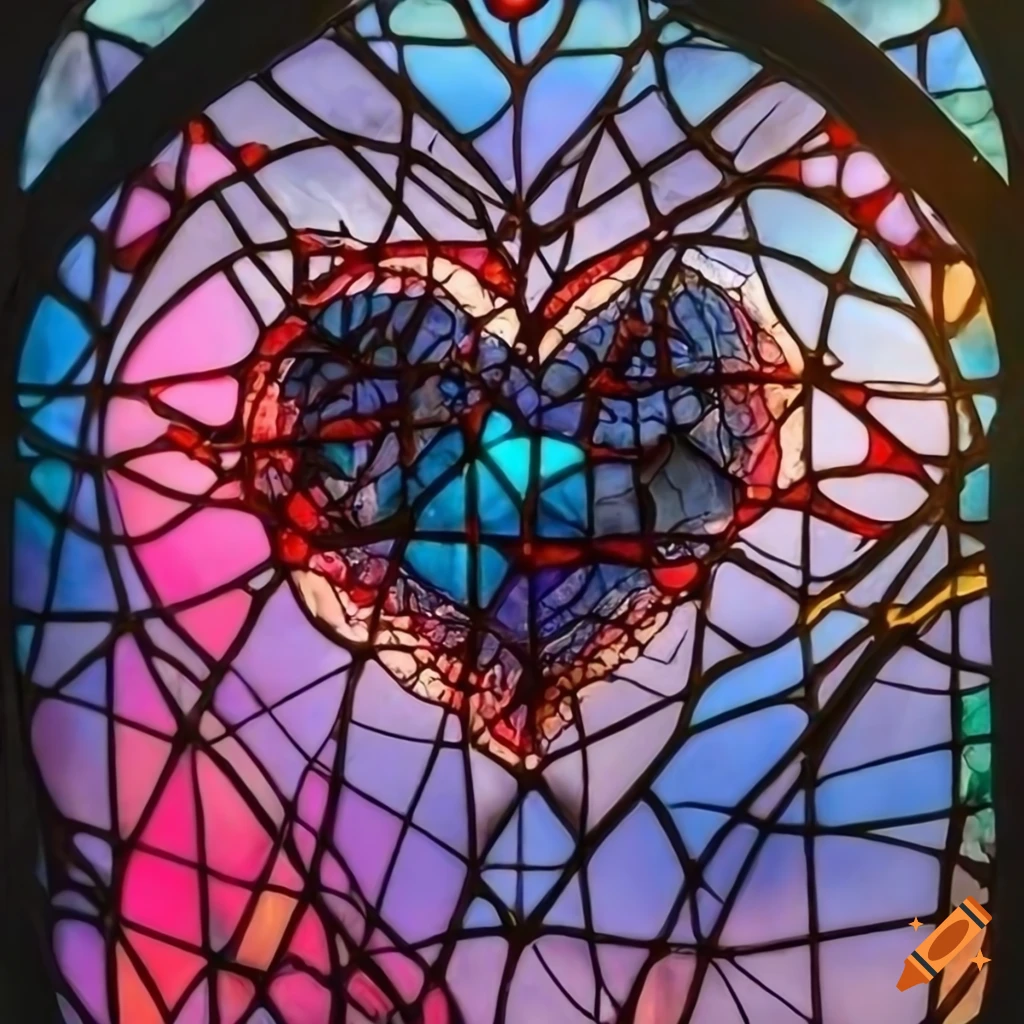 Glass stained window of a black heart in thorns under moonlight