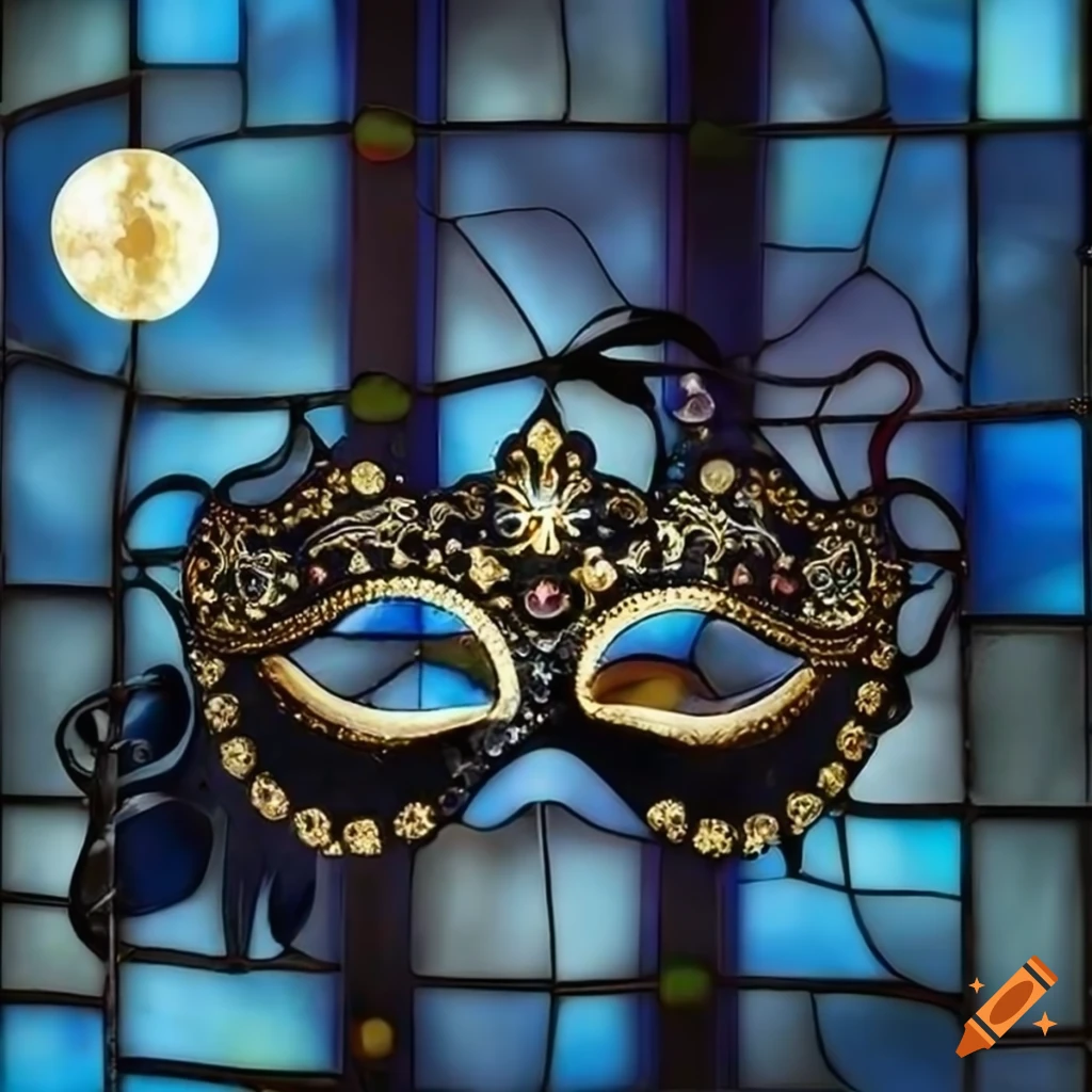 Glass stained window with black masquerade eye mask in moonlight