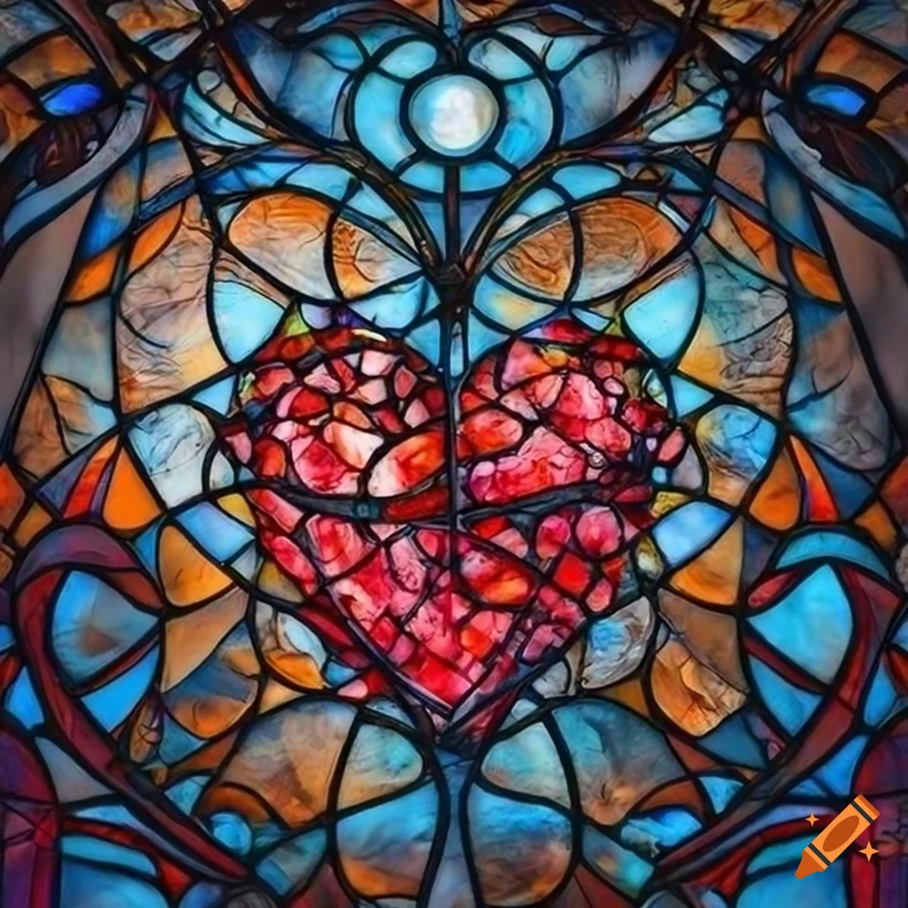 Glass stained window of a black heart in thorns under moonlight