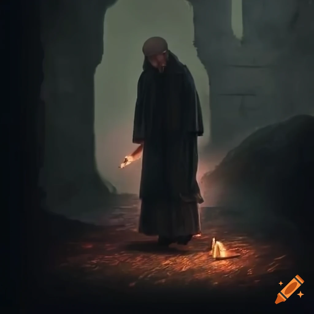 Rainy medieval castle walkways with torches and monks in a somber atmosphere