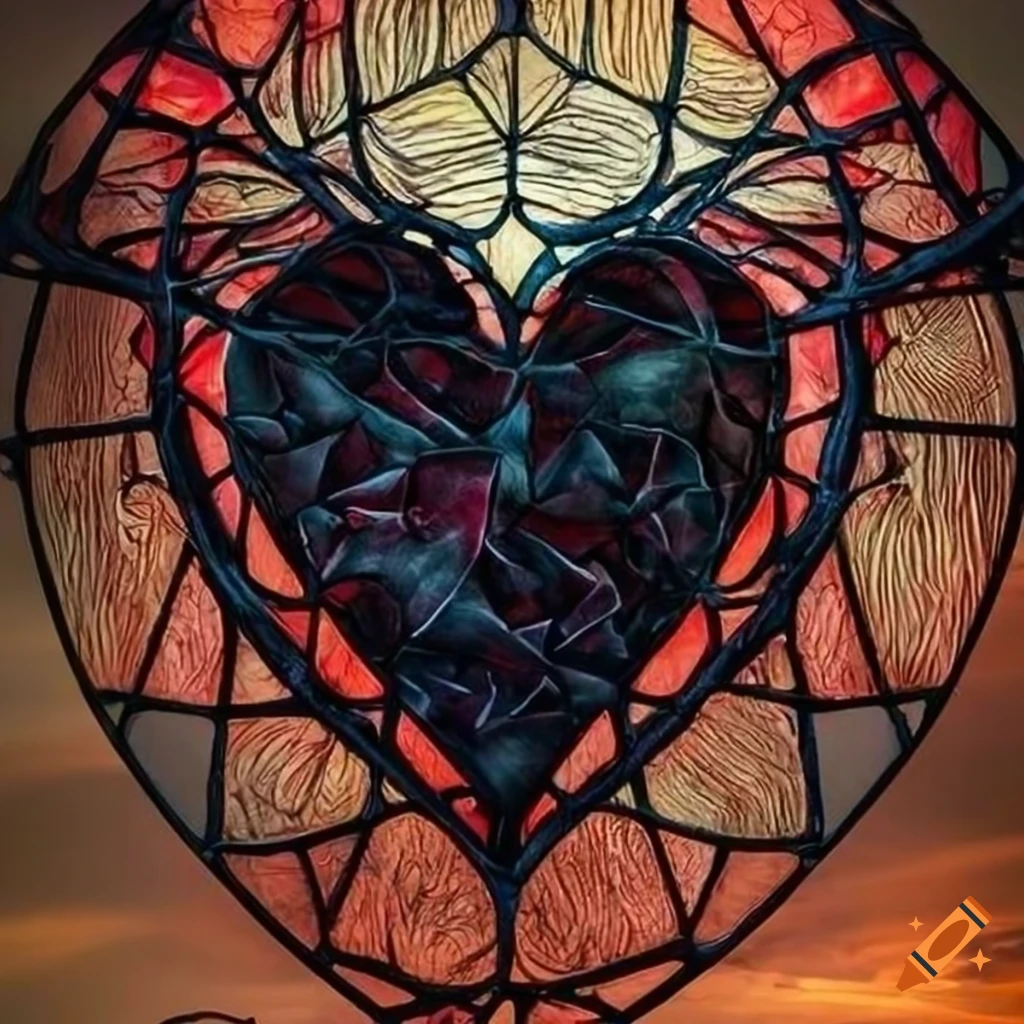 Stained-glass black heart with thorns on a moonlit background