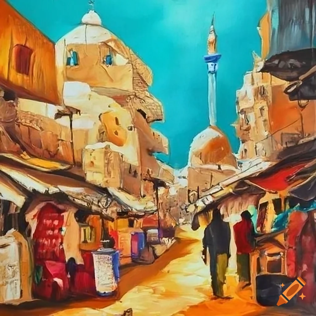Acrylic painting of a bazaar in Gaza, Palestine