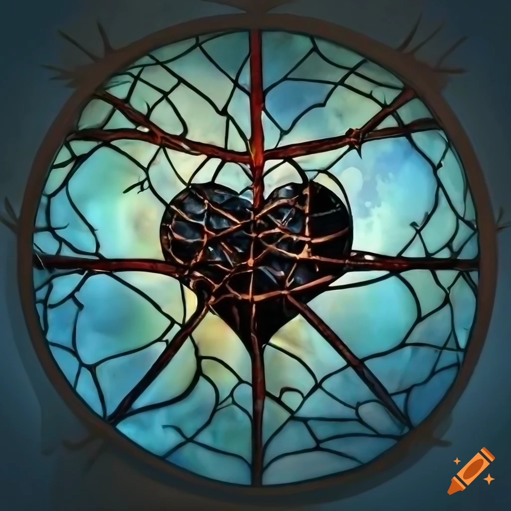 Stained-glass art with black heart and thorns in moonlit setting