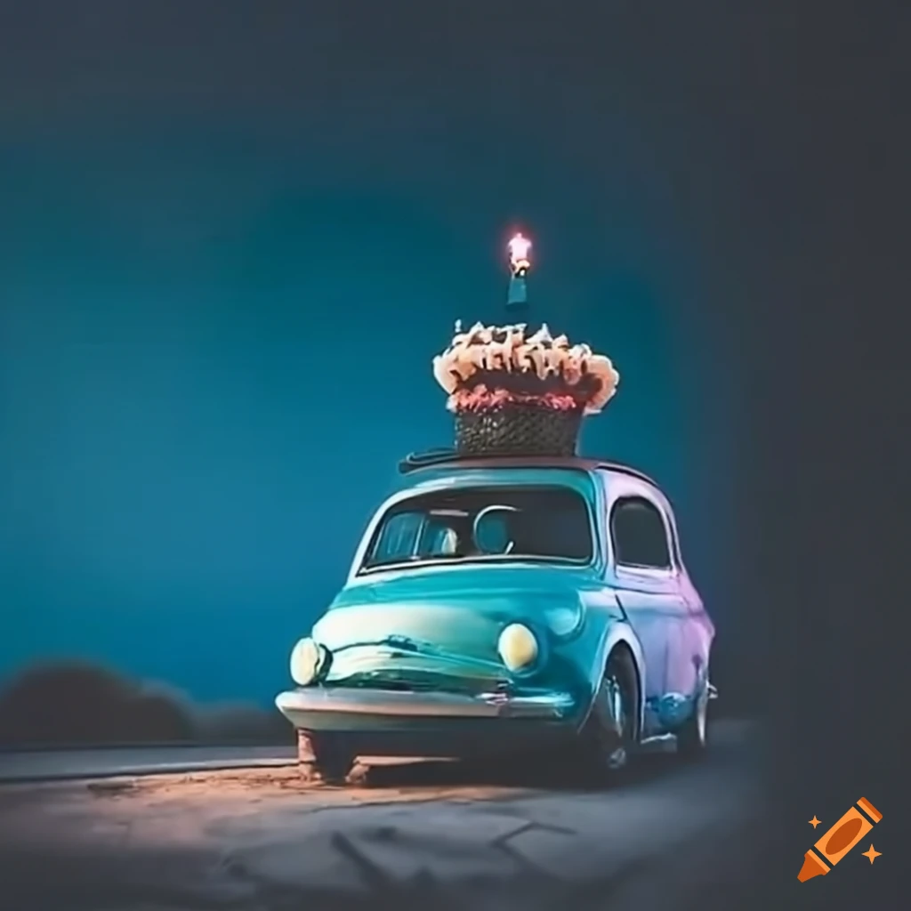 Vintage blue Fiat 500 carrying a birthday cake through a charming French city