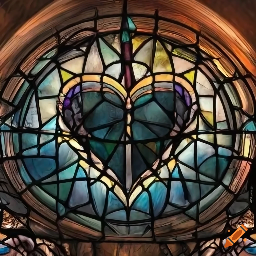 Glass stained window of a black heart in thorns under moonlight