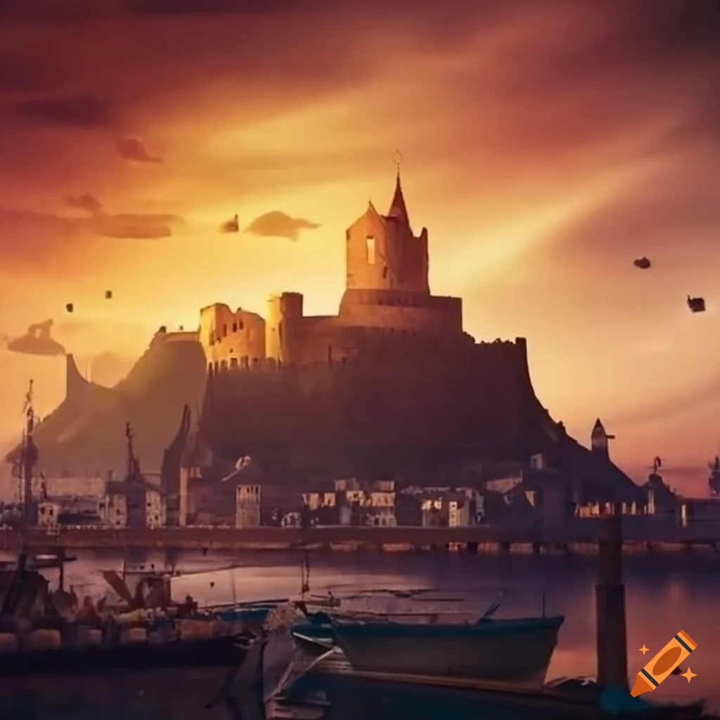 Medieval city with castle on hill overlooking a port