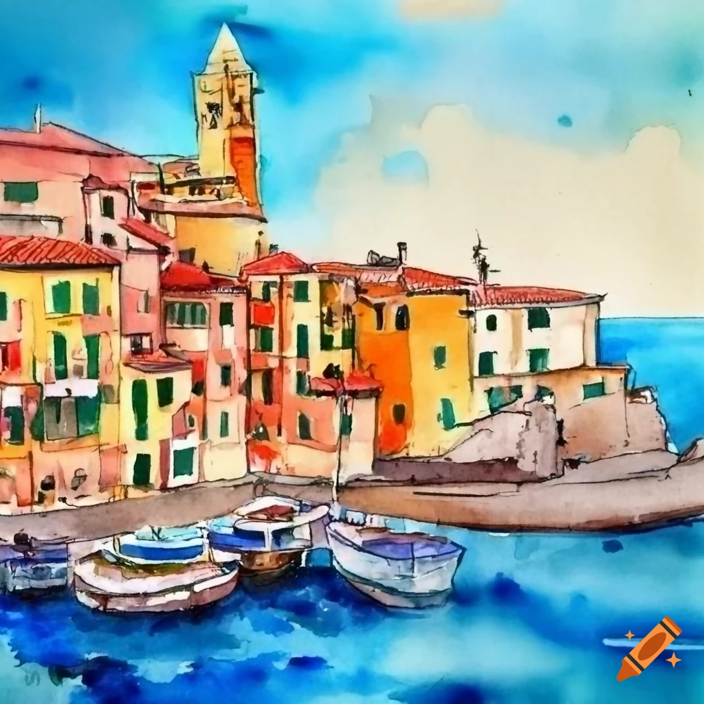 Italian seaside town in a watercolor painting