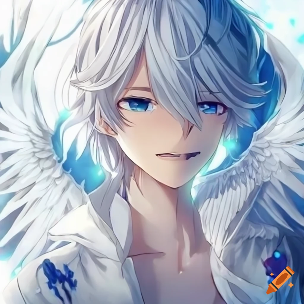 Anime skypian boy with white hair, blue eyes, and angel wings in stylish  clothing on Craiyon, image size:1024x1024