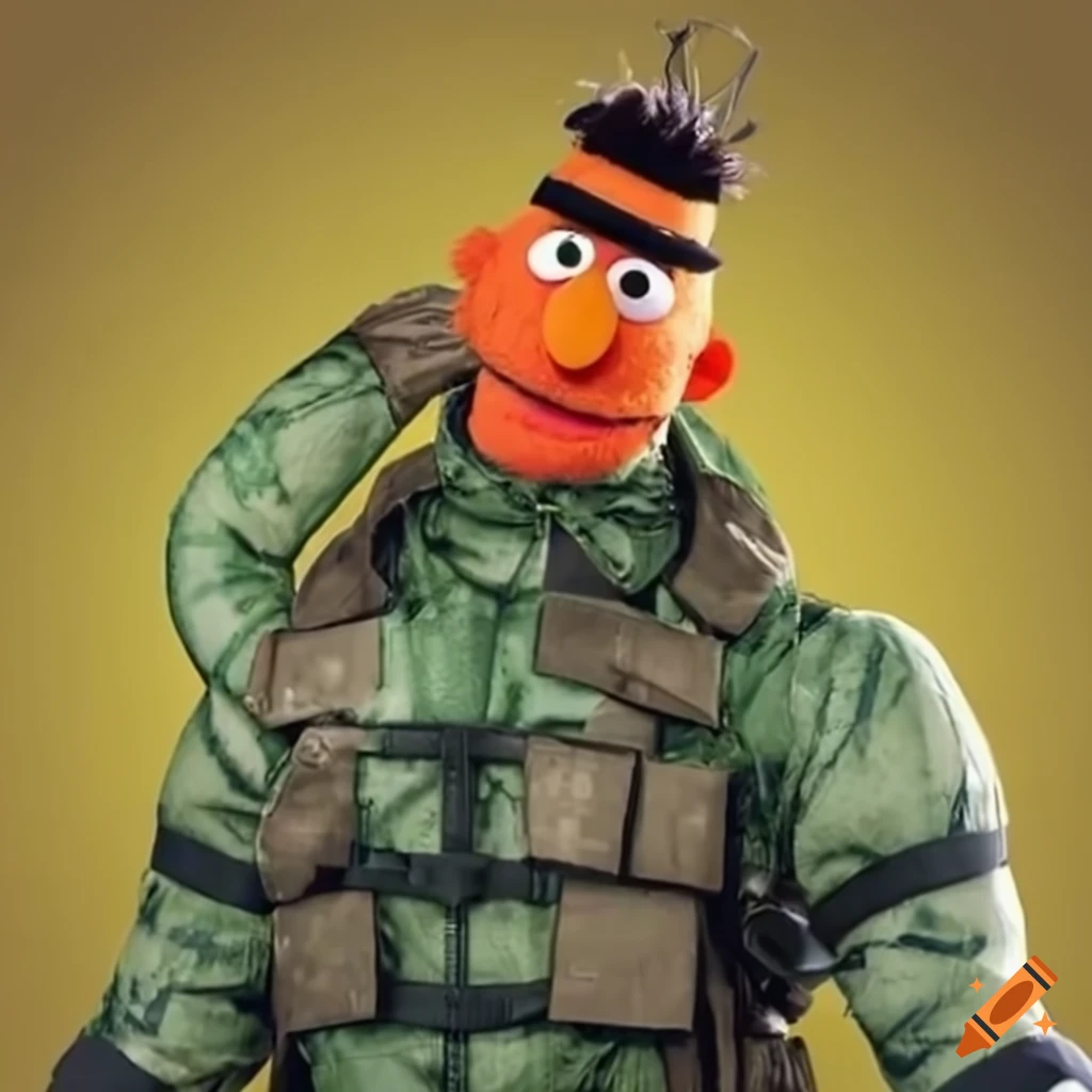Bert from sesame street in solid snake costume on craiyon