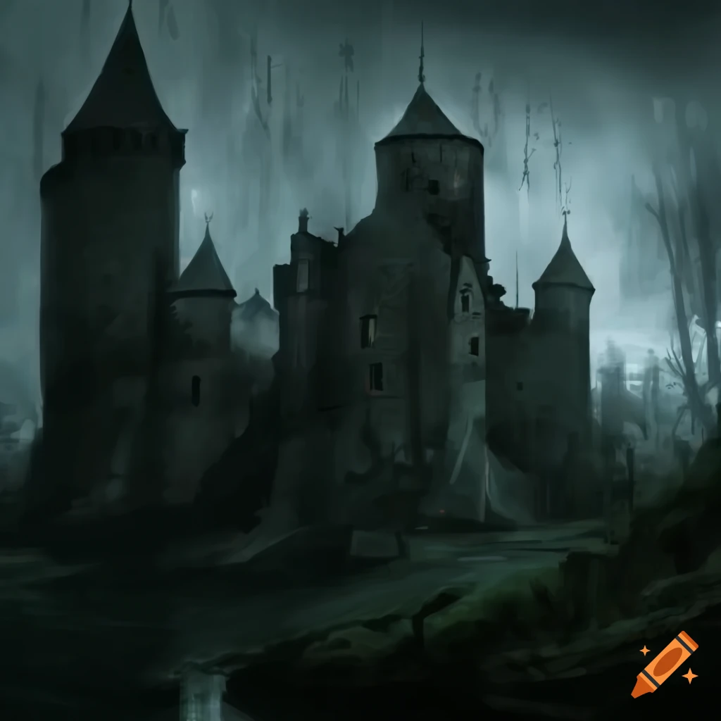 Rainy and sad medieval castle with torches and homeless monks