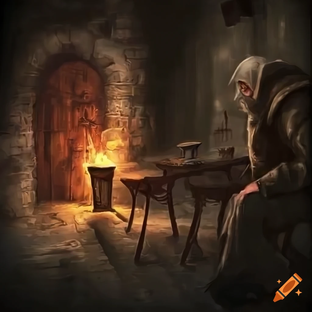 Rainy medieval castle tavern with torches and monks