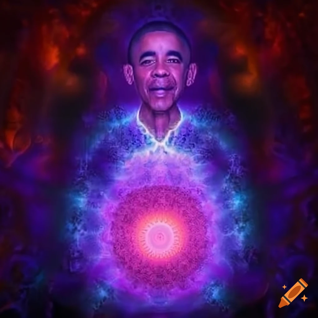 Obama depicted as a sorcerer with a purple flaming aura and fractal power