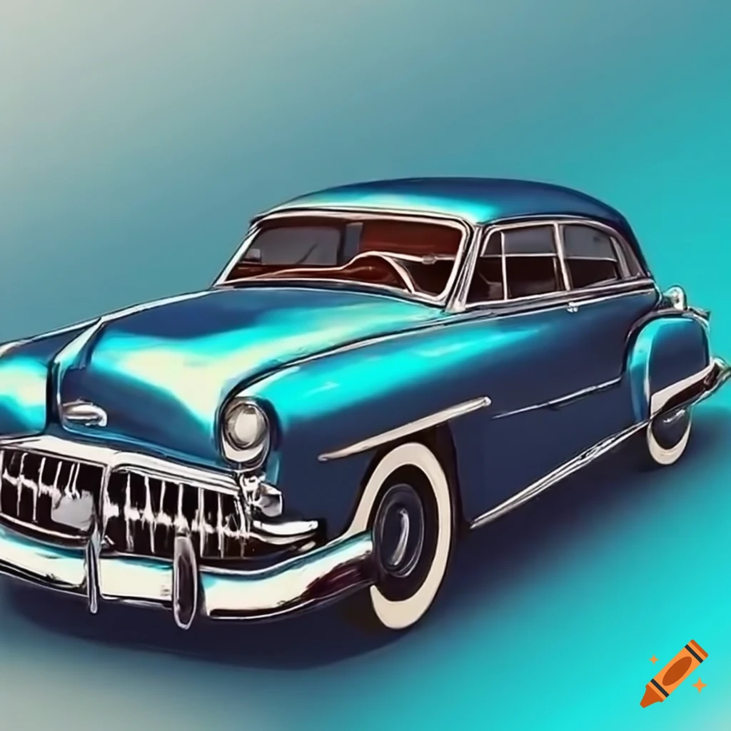Blue metallic vintage car with white leather seats and chrome accents