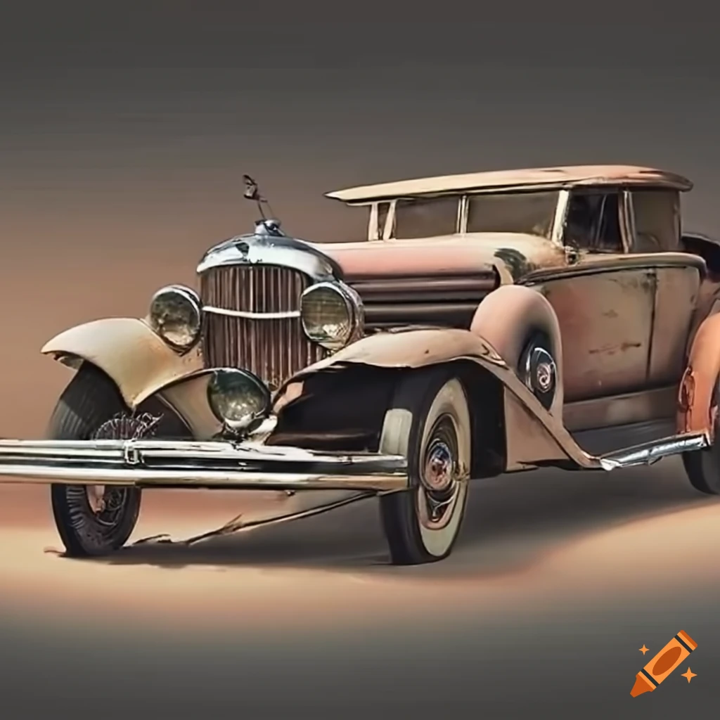 Intricately detailed old car in a dusty junkyard