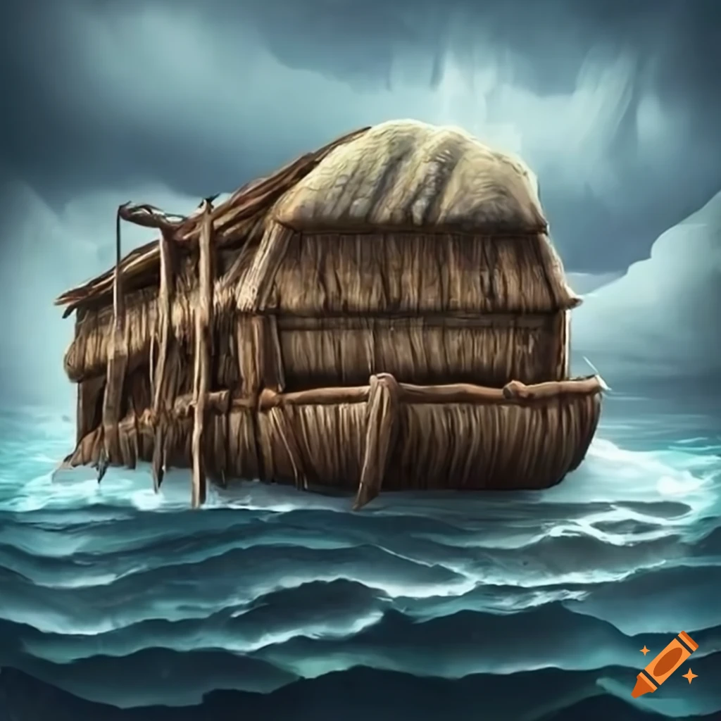 Realistic depiction of a prehistoric log raft ark in a storm at sea