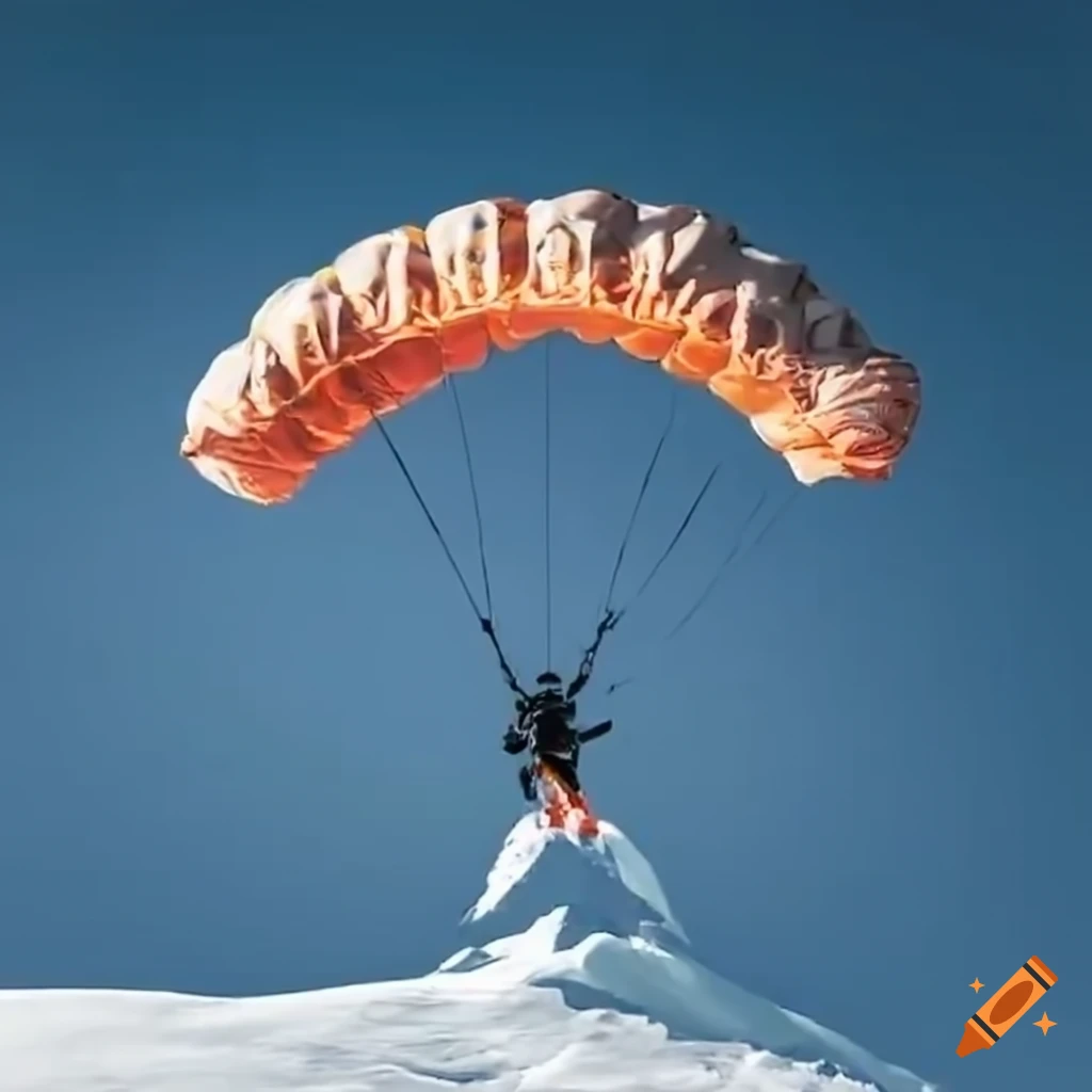 Skydiver landing on top of a snow peak