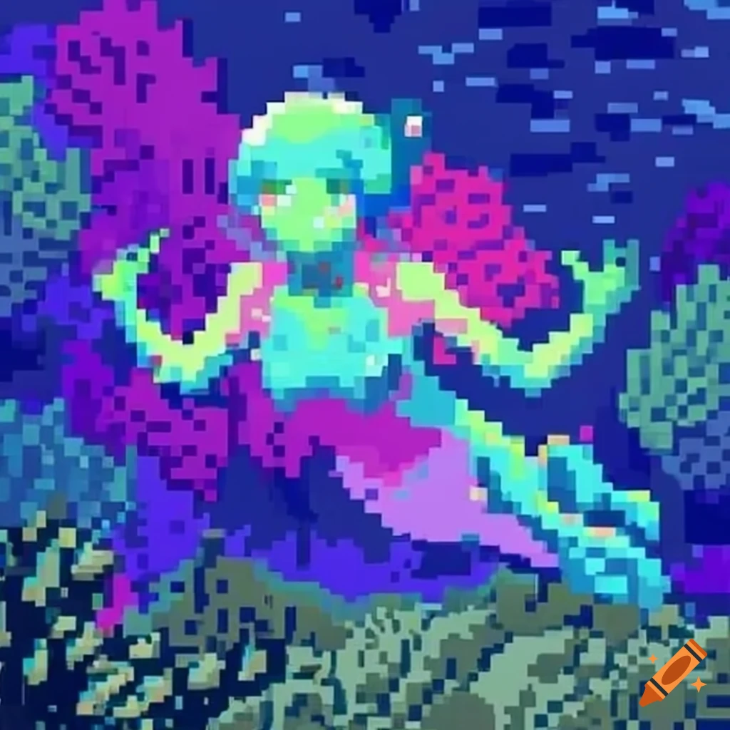 Anime slime woman swimming in a pixelated coral reef