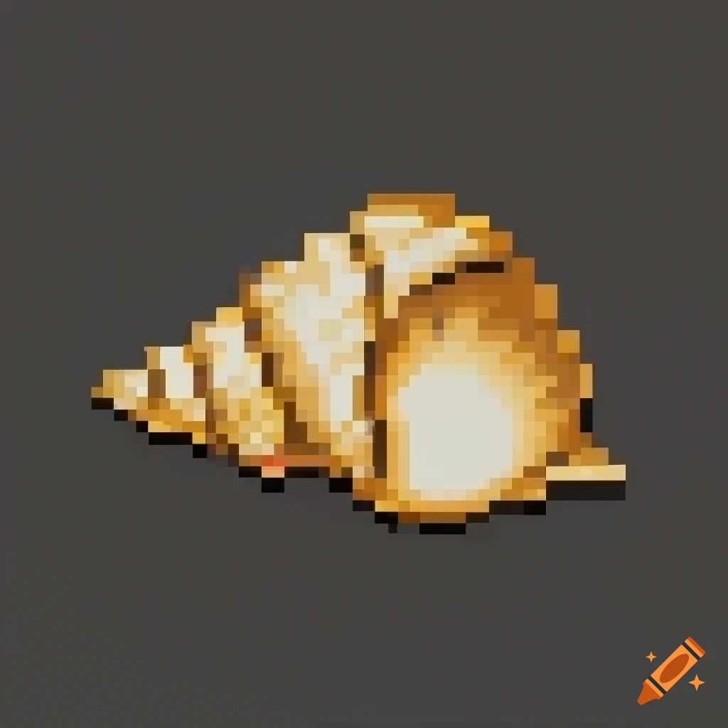Shiny solid gold seashell on black background in pixel art