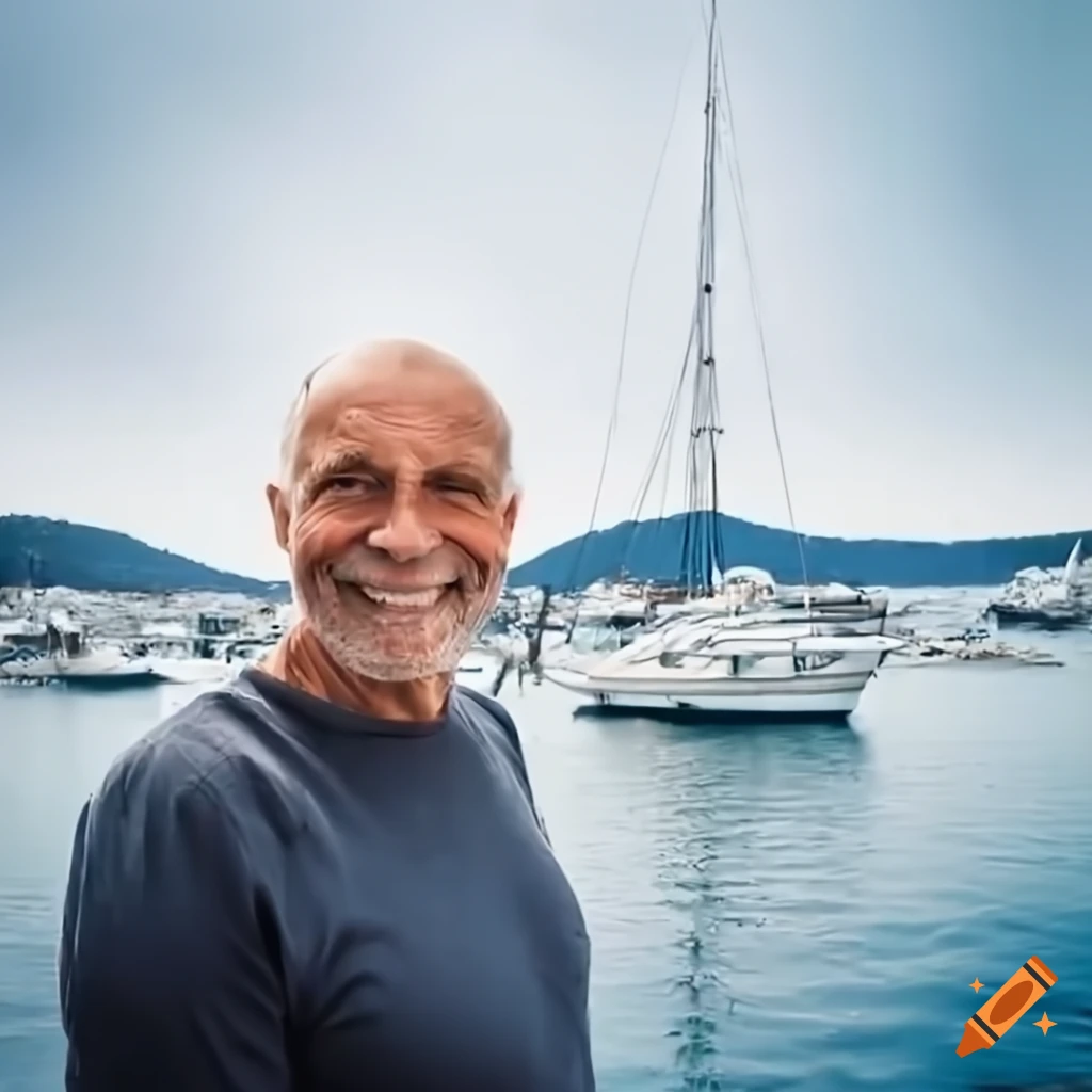 Middle-aged man happily posing in front of his yacht