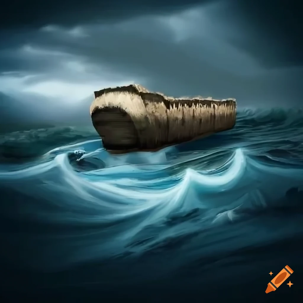 Prehistoric ark on stormy sea with towering waves and dark clouds