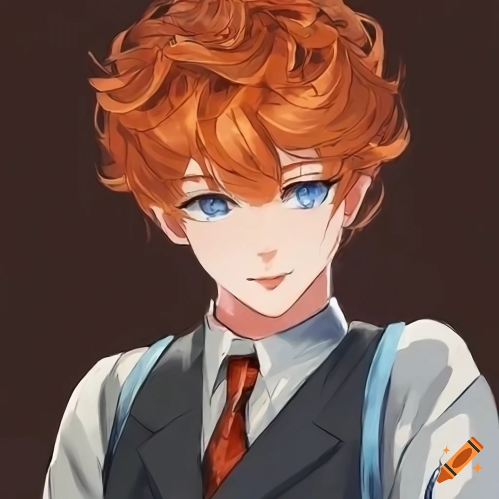 Male character with pale skin, blue eyes, and orange hair in a 50s suit in anime style