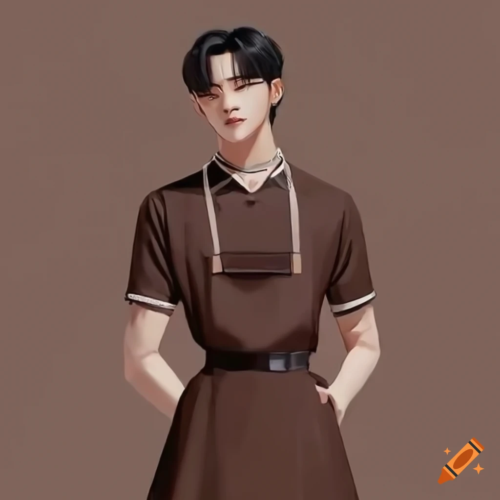 Hwang Hyunjin as a barista in a dark brown waiter skirt uniform in a minimalist art cafe