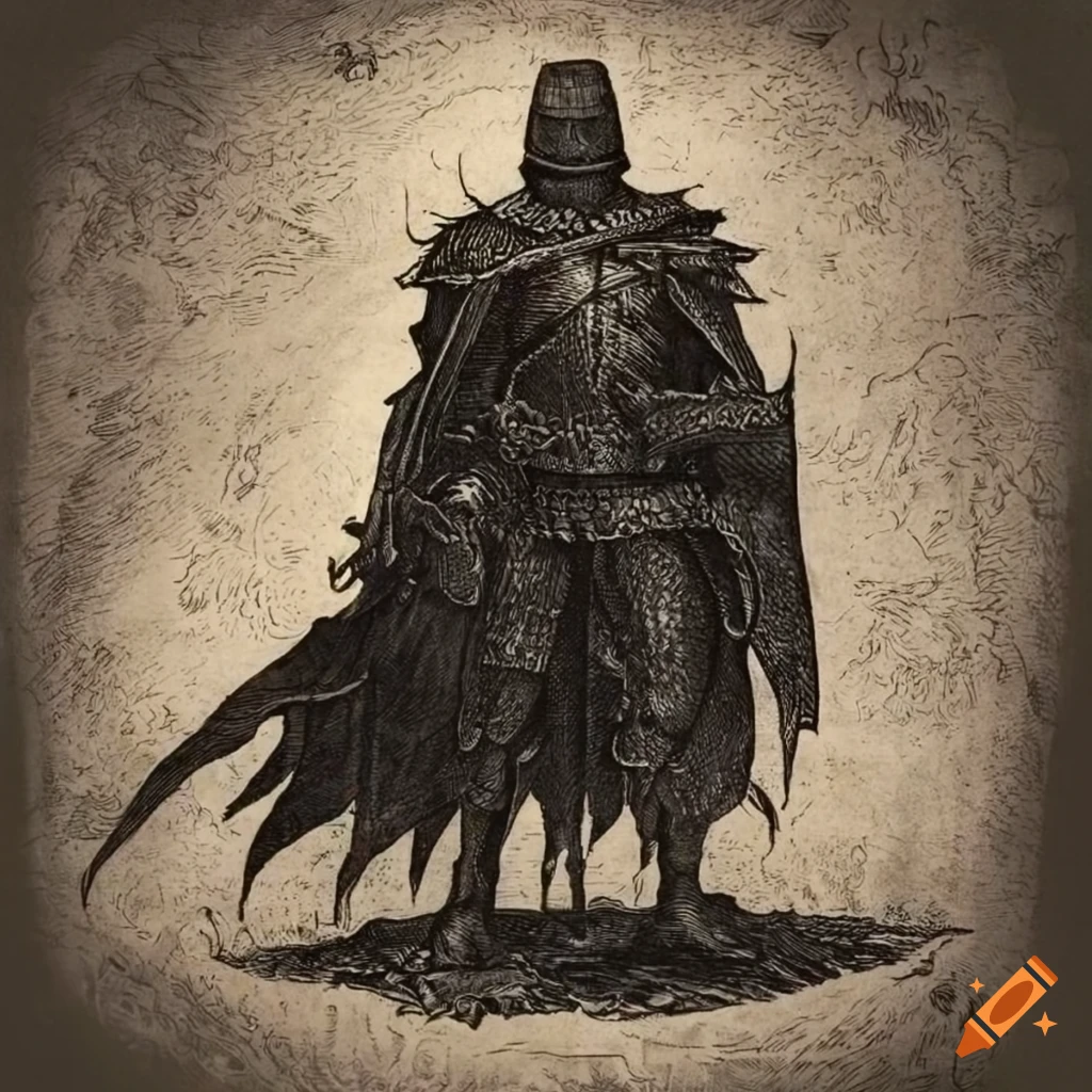Dark knight fantasy with a fire bird in a medieval etching style