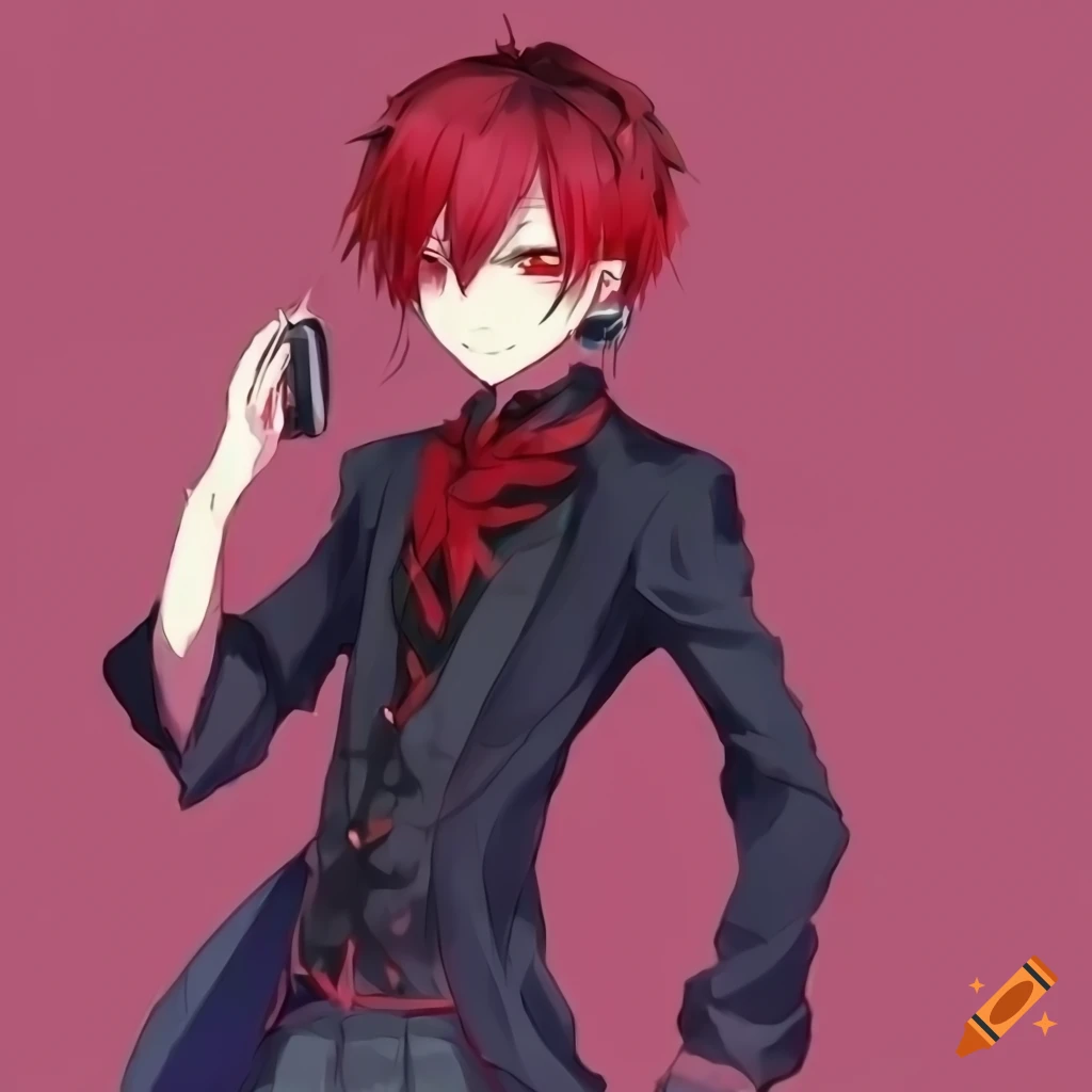 Cute anime vampire boy with red and black hair, red eyes, and fashionable attire